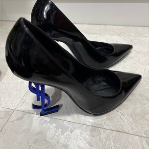 Saint Laurent Black Patent Leather Pumps with Blue YSL Logo Heel